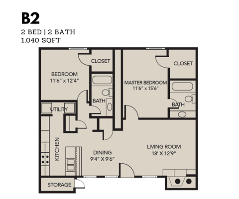 Floor plan for 2 beds, 2 baths, 1040 sqft